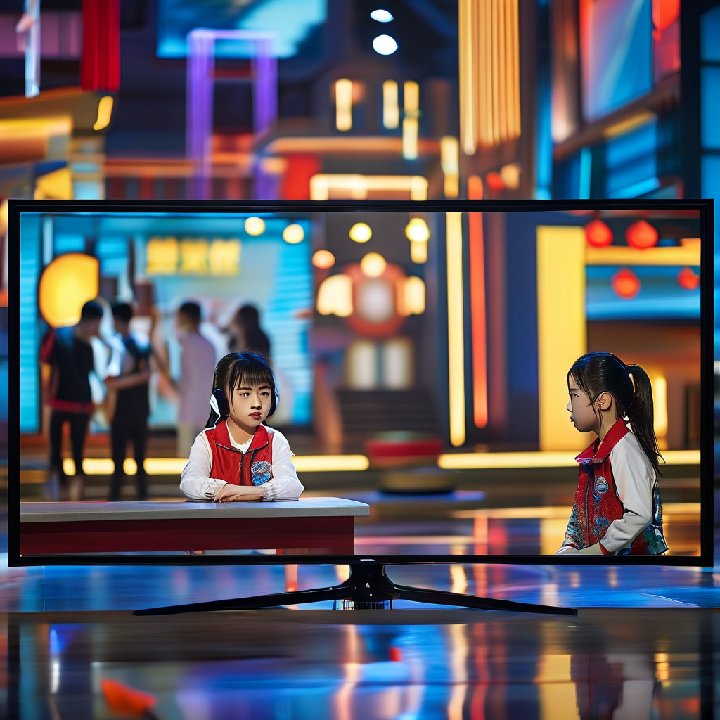 ai_现代都市背景下电视屏幕播放《男生女生向前冲》综艺画面形成对比,冷表现数据矛盾