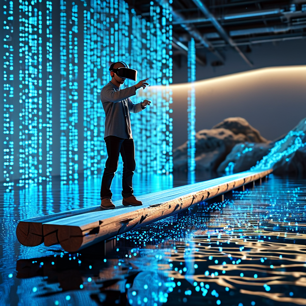 ai_未来感实验室中工程师调试VR设备,全息投影显示水上平衡木场景,蓝光粒子特效突出科技感