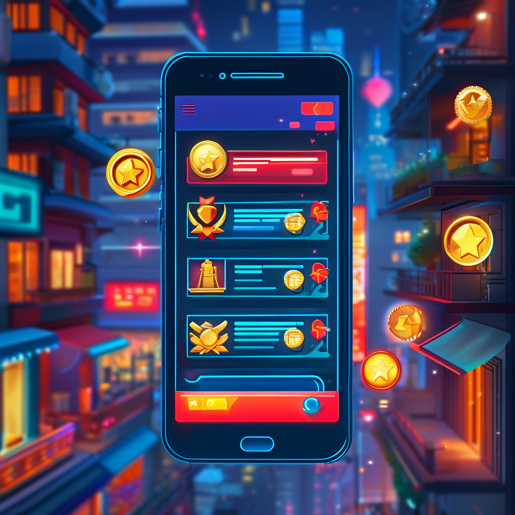 ai_霓虹都市夜中手机屏幕显示社交平台排行榜,虚拟勋章与实体奖品图标环绕着组队PK界面