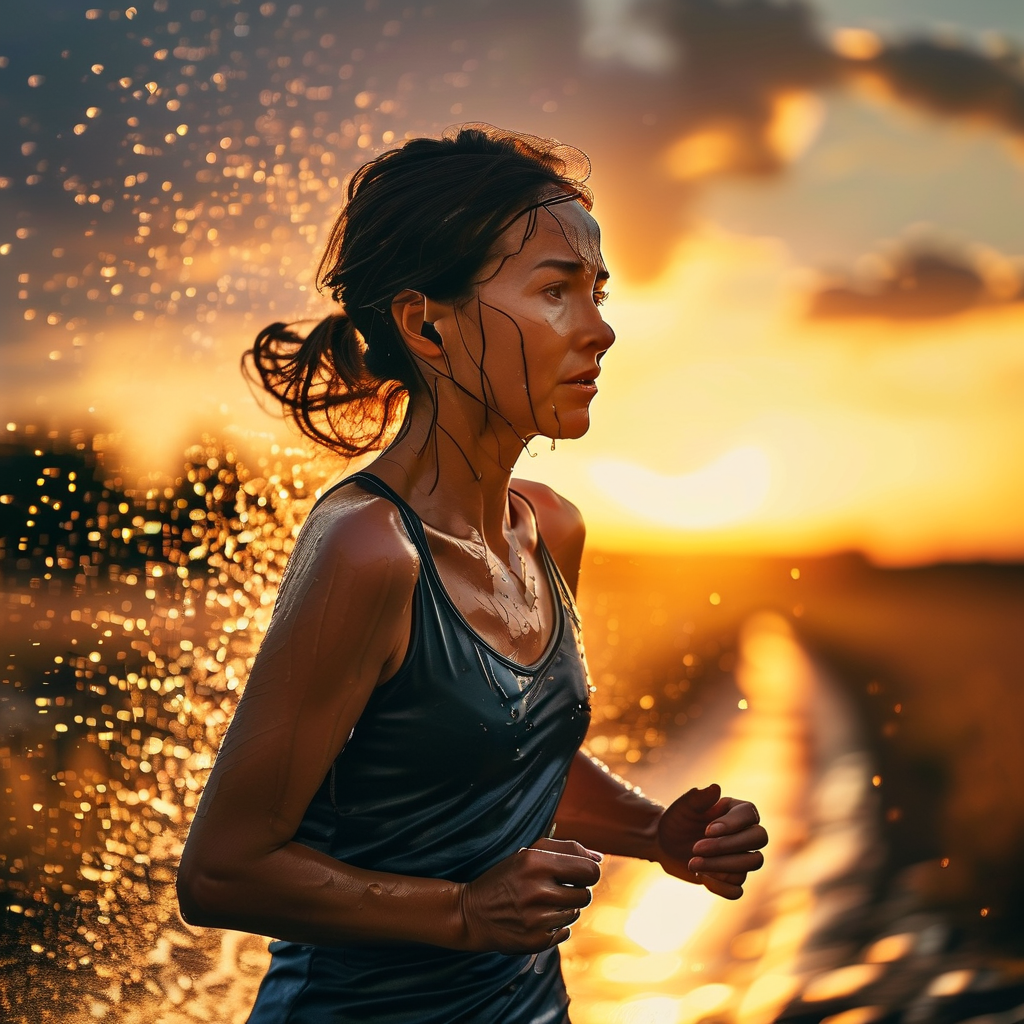 ai_汗水浸透手机滑脱手中，母亲在夕阳下奔跑滑倒姿态特写