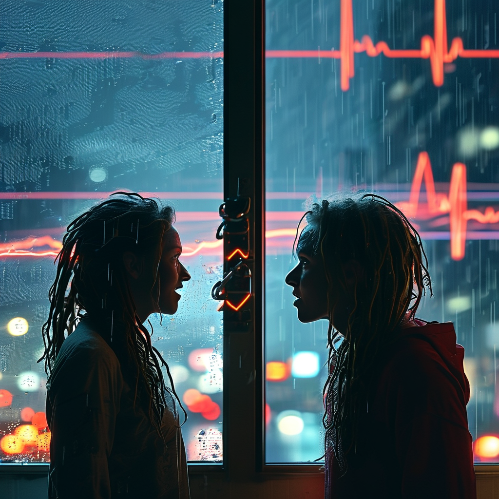 ai_暴雨夜窗玻璃出两道身影对话,背后是流动的数据锁链与跳动的心电图纹