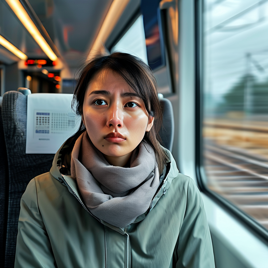ai_现代高铁车厢内冷气如细雨般清凉 一位女士紧攥车手指微颤 窗外灰蒙的七月天空