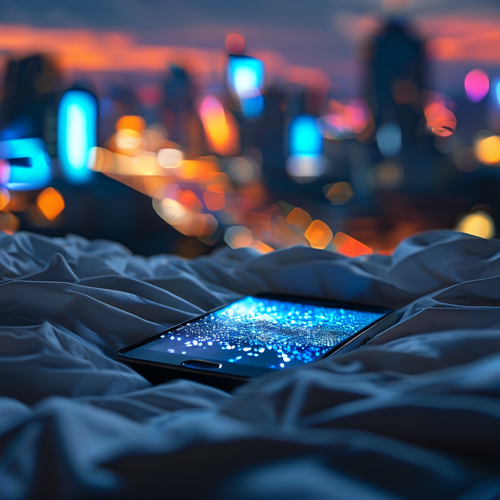 ai_现代都市深夜场景,凌乱床单上手机屏幕特写显示微博热搜,蓝光映着女孩苍白的脸,背景虚化的城市霓虹
