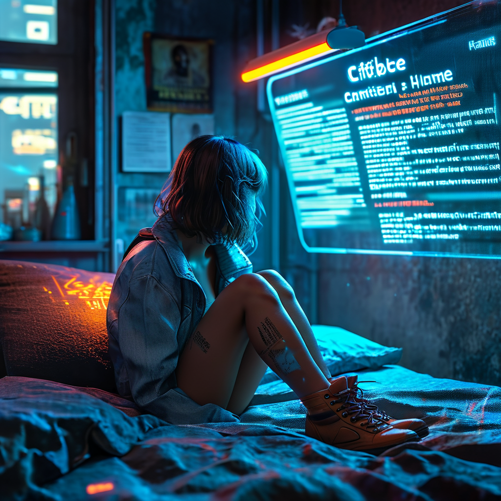 ai_赛博朋克出租屋内景,蜷缩的女孩面对发光全息屏,冷蓝光效中漂浮着《刑法》条款全息投影