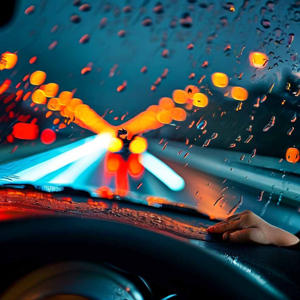 ai_雨夜高速公路上一辆SUV紧急刹车，驾驶员手部特写青筋暴起，车载屏幕红光闪烁映亮后视镜中熟睡婴儿的睫毛