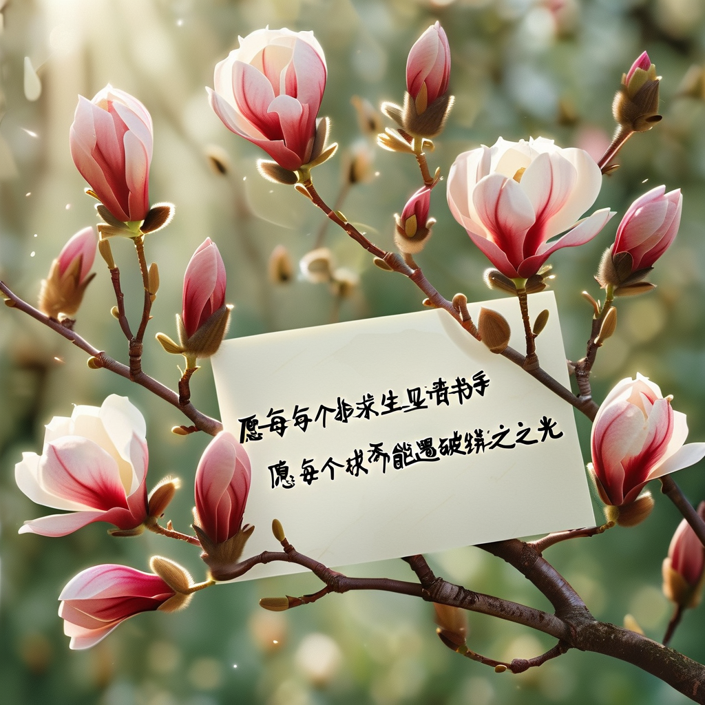 ai_春光透过玉兰新芽洒在考研录取通知书上手写祝福语“愿每个求生者都能遇见破茧之光”
