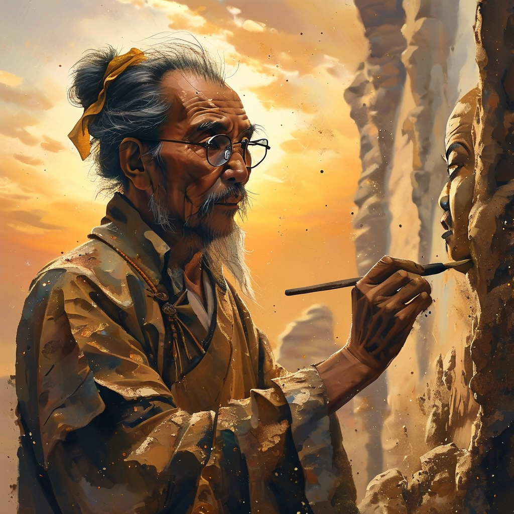 ai_敦煌莫高窟夕阳下老画师执矿物颜料绘钟馗图随沙尘扬起