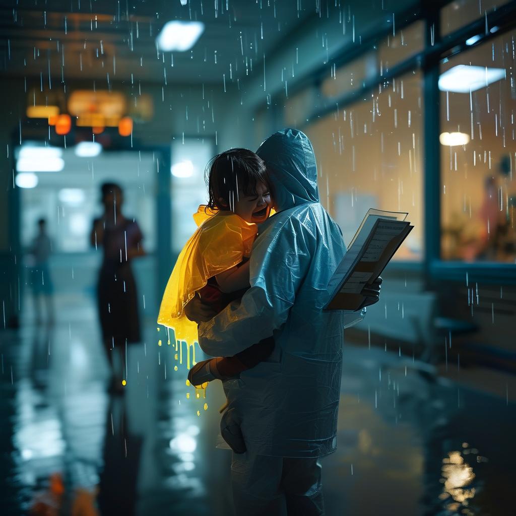 ai_雨夜监控画面双重曝光：左侧是急诊大厅模糊哭声中的怀抱幼童身影（雨衣下摆滴落荧光黄色液体），右侧同步播放幼儿园老师举着病历本打电话的画面