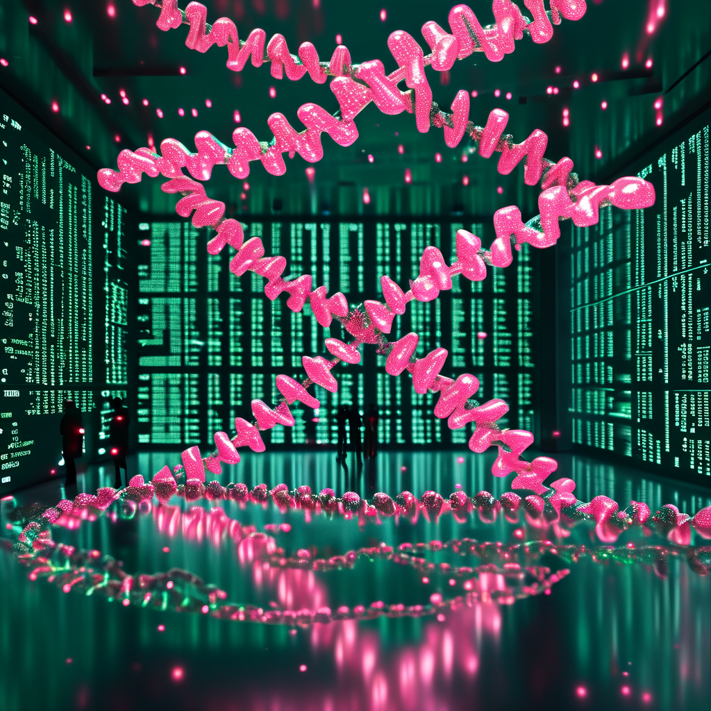ai_生日宴会厅漂浮着粉色与墨绿交织的数据流,全息投影仪将医疗账单与直播打赏记录编织成DNA双螺旋结构,三个身影在光影中形成剪影三角