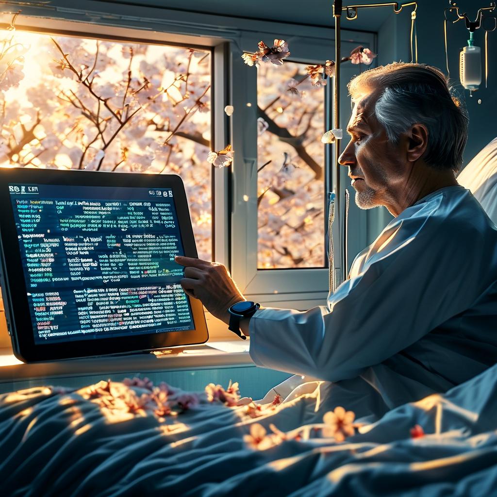 ai_智能手表蓝光映照着监护室窗台,飘落的樱花穿过病房监控系统形成的金色数据网,中年男人正在平板电脑勾选夫妻急救护理指南