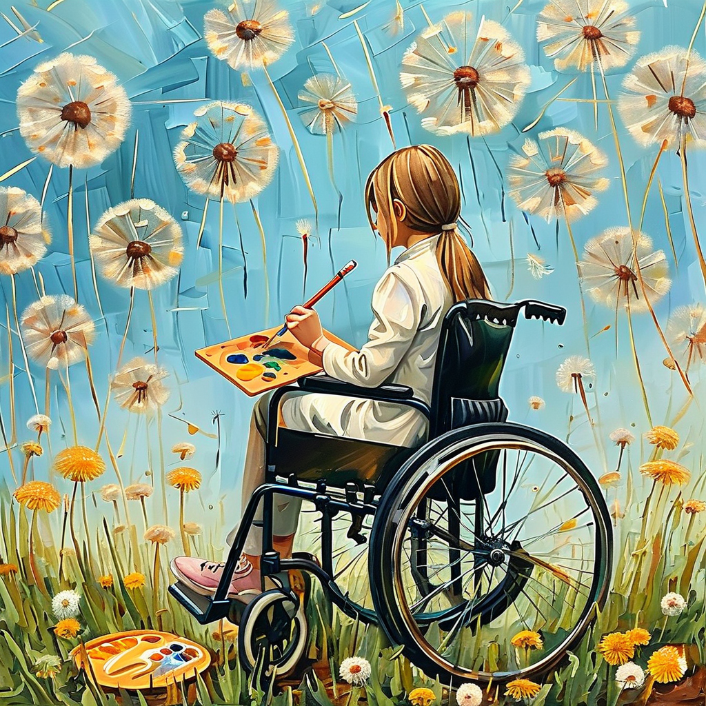 ai_现代特殊教育画室场景：轮椅上的女孩左脚趾夹着铅笔作画，色盘卡在膝窝处落颜料；背景弥漫松节油气息与歪斜线条构成的蒲公英图案
