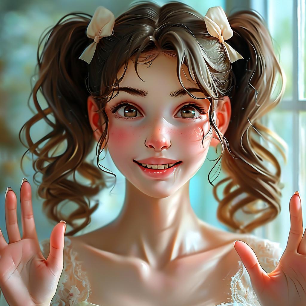 ai_年轻女孩, 清纯甜美的脸部特征, 可爱双马尾的发型, 甜美微笑的表情, 甜美连衣裙的服装, 清新的风格, 年龄11岁,颤抖的手指悬停在镜面边缘滑动/用遮瑕刷蘸取膏体手背暴起青筋