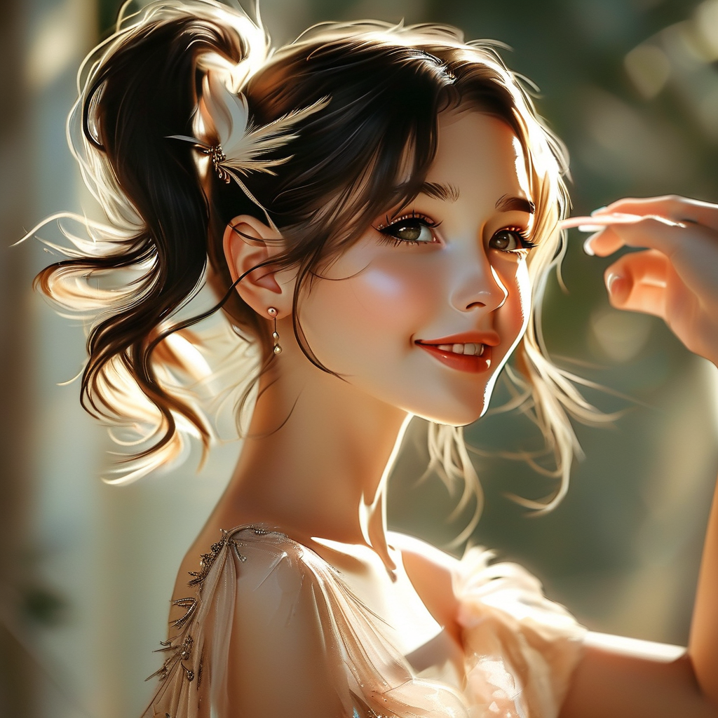 ai_年轻女孩, 清纯甜美的脸部特征, 可爱双马尾的发型, 甜美微笑的表情, 甜美连衣裙的服装, 清新的风格, 年龄11岁,转动脖颈让侧脸捕捉逆光轮廓/唇角扬起时左颊光影如凤凰尾羽舒展/指尖轻触虚拟化妆师递来的羽毛发饰